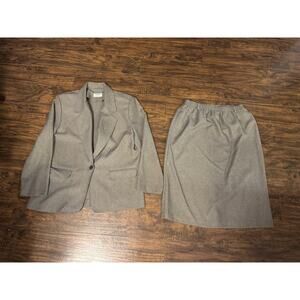 Alfred Dunner Skirt Suit Brown Plaid Pockets Long sleeve Top S:12 Skirt s:14